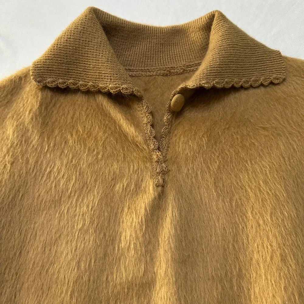 Alpaca Camargo Cape Poncho OS Camel Brown Crochet Lace Fringe Layer Peru Made